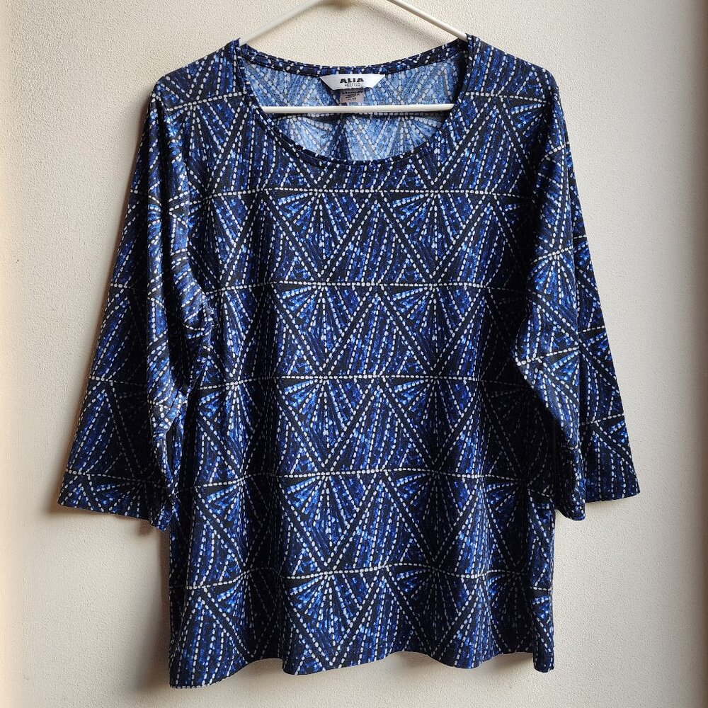 Alia Petites Blue/White Geometric Print Scoop Neck Jersey Size Petite Large
